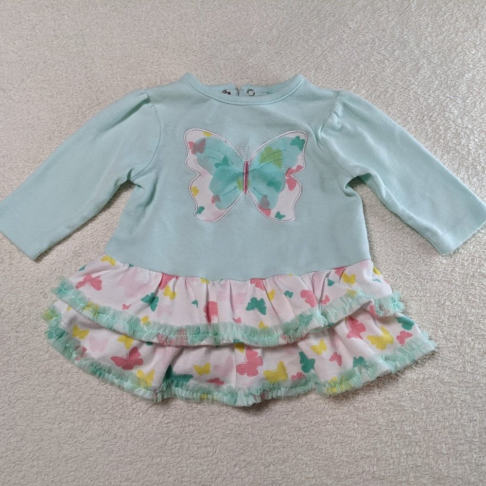2/20* Bumble & Birdie Long Sleeved Dress Mint w/Butterfly Design Tiered - 6 mos